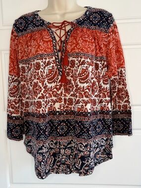 Lucky Brand Boho Split Neck Lace Up Tassels Shirt Floral Festival Size large